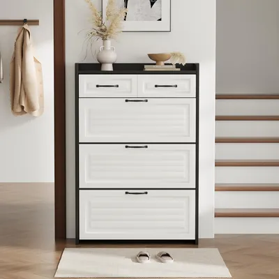 Image de Meuble à chaussures - 80 x 131 x 23,5 cm, blanc - 3 abattants et 2 tiroirs - Dispositif anti-basculement
