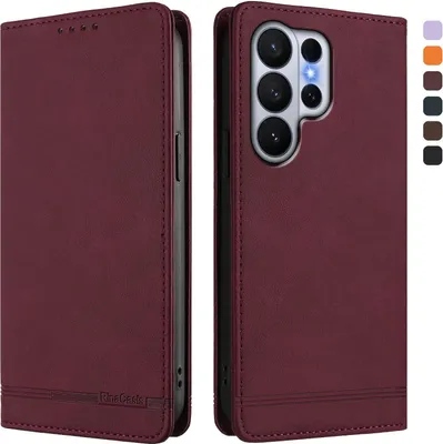 Obrázek produktu pro Pouzdro pro Samsung Galaxy S26 Ultra, retroPolyuretankožené flip pouzdro s stojánkem a přihrádkami na karty Červený