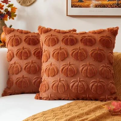 Image de Lot de 2 housses de coussin en forme de citrouille, 60 x 60 cm, pour la décoration d'automne