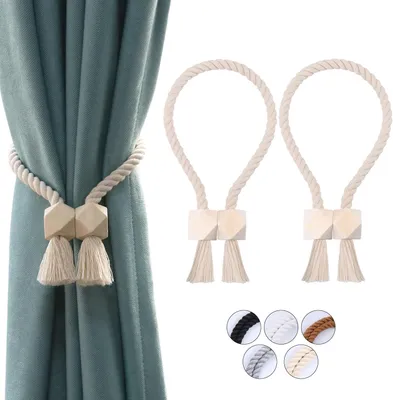 Produktbild von Handgewebte magnetische Gardinenhalter aus Baumwolle, einfach zu verwenden für sicheren Halt, 2er-Set, Beige