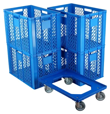 A set of four blue plastic crates stacked on top of each other, with a blue wheeled trolley in front.