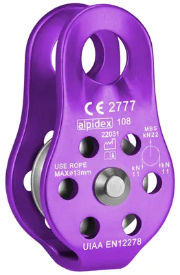Imagen del producto de ALPIDEX: Rodillo guía para cuerdas, capacidad de 22 kN. Polea fija. Sistema de poleas. Cumple con la norma EN12278. Para cuerdas de hasta 13 mm de diámetro. Sistema de tracción con cuerda. Color: lila