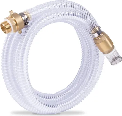 A coiled clear ribbed hose with brass fittings on both ends, one with a mesh strainer.