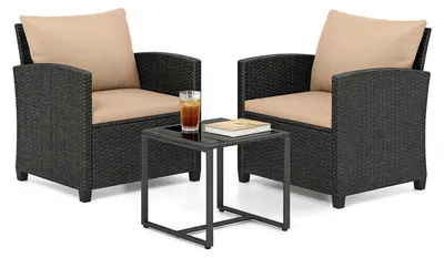 Produktbild von KOMFOTTEU 3 teiliges Gartenmöbel-Set, Rattan Balkonmöbel Set mit 2 Sesseln & Beistelltisch, Gartengarnitur Sitzgruppe mit Kissen, Gartenlounge Set für Garten, Balkon, Terrasse (Schwarz + Khaki)