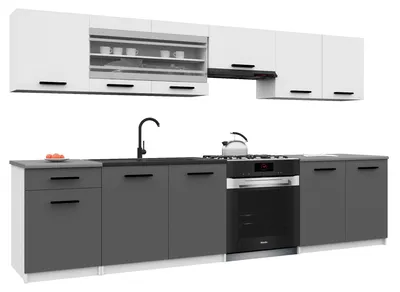 Obrázek produktu pro Belini Moderní kuchyňská linka ITALIA 4 – kuchyňský nábytek 260 cm, bílá-šedá matná – vestavěná kuchyně s horními skříňkami, spodními skříňkami a pracovními deskami