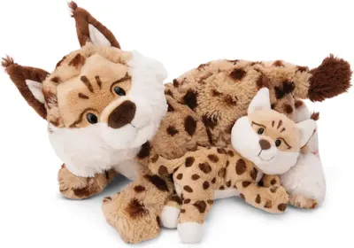 Two plush lynx toys, a mother and her cub, are lying down on a white background.