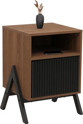 Zdjęcie produktu dla Stolik nocny HWC-O40, stolik nocny szafka nocna szuflada MDF metal melamina 59x40x40cm ~ natura