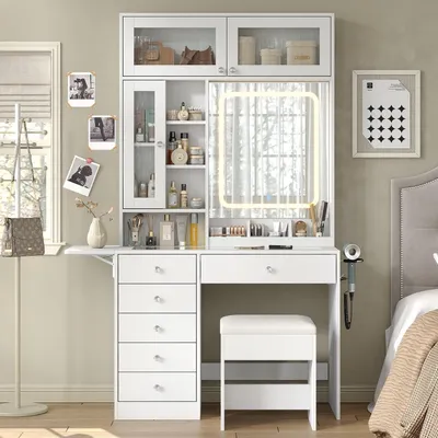 Immagine prodotto di Comò da trucco con specchio e illuminazione a LED, 6 cassetti, 2 ante, prese di corrente, colore bianco