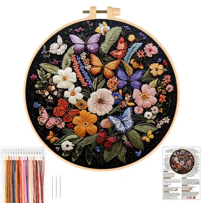 Kreuzstich-Starterkit mit Blumen-Schmetterling-Motiv, 20 cm Ring, 6-teilig