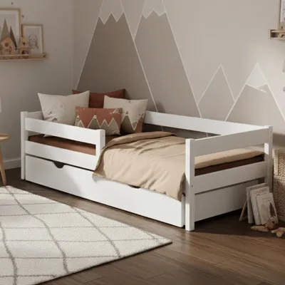 Produktbild von MEBLE WRÓBEL Kinderbett 90x190 cm mit Schublade, Rausfallschutz und Lattenrost - Kinder Bett Montessori - Jugendbet aus Kiefer Massivholz in Weiß - Einzelbett ohne Matratze