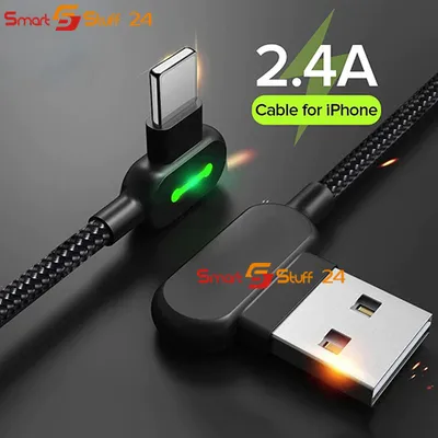 Produktbild von LED Winkel 90 Grad Fast Ladekabel für iPhone 13 12 11 Pro X XR XS 8 7 6 Plus