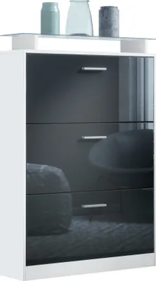 Produktbild von Vladon Schuhschrank Lavia, Germany, Schuhkipper für 24 Paar Schuhe mit 3 Klappen und Glasablage, Weiß matt/Schwarz Hochglanz (89 x 128 x 23 cm)