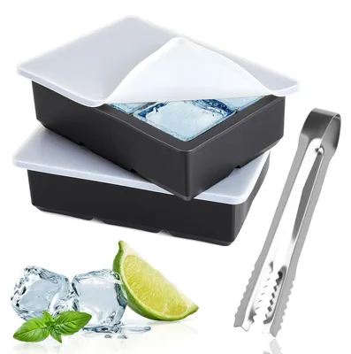 Immagine prodotto di Stampo in silicone per cubetti di ghiaccio, grande, con coperchio, set da 2, inclusa pinza per whisky e cocktail