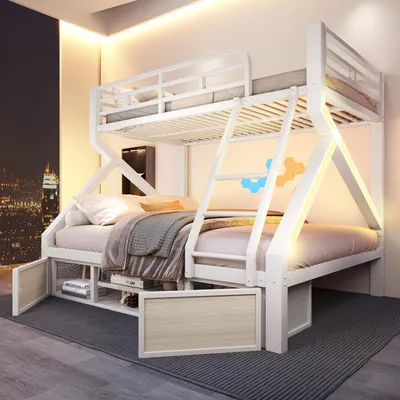 Obrázek produktu pro Patrová postel 90x200/140x200 cm s botníkem, 2 úložnými prostory a LED osvětlením, bezpečnostní zábradlím a žebříkem, konstrukce z kovu a MDF