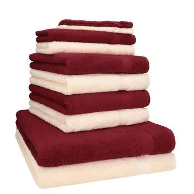 Produktbild von Betz 10-tlg. Handtuch-Set PREMIUM 2 Duschtücher 4 Handtücher 2 Gästetücher 2 Waschhandschuhe  Farbe:  dunkel rot & beige