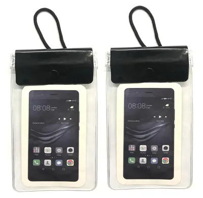 Two identical waterproof smartphone pouches are displayed side-by-side against a white background.
