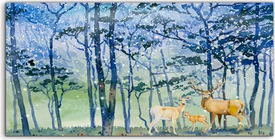 Produktbild von Coloray Glasbild 140x70  Wandbild Glasbilder Schneefälle Wald Winter Tier Hirsche