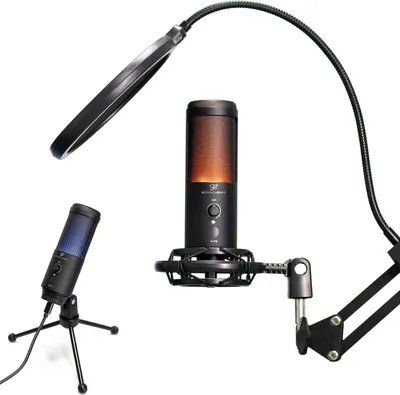 Produktbild von SCHALLFORT USB-Mikrofon Vibe7-RGB (7-teiliges Set), RGB-Beleuchtung, USB-C Plug & Play, AUX, Touch-Bedienung, Kondensatormikrofon mit Mikrofonarm und Tischstativ, optimiert für Streamer & Youtuber