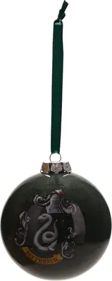 A dark green Christmas ornament with the Slytherin crest and name.