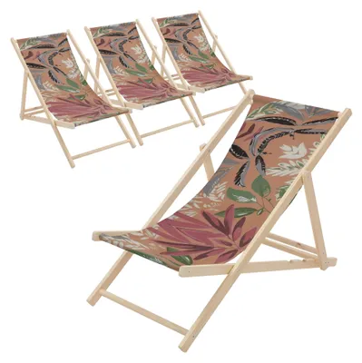 Produktbild von ECD Germany 4er Set Liegestuhl klappbar Floral Braun-Rot-Grünaus Holz Sonnenliege mit 3-Fach verstellbarer Rückenlehne Strandliege für Garten Balkon