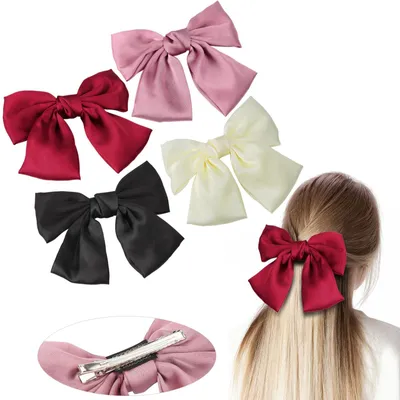Produktbild von 4-teiliges Haarschleifen-Set, Haarspangen für Damen, große Haarschleifen mit Haarspangen, Metallhaarspangen als Geschenk – schwarz, rot, weiß, rosa
