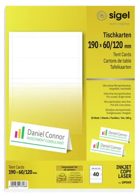 Zdjęcie produktu dla sigel Place Card, jasna biel, 185 g/m², 190 x 60/120 mm