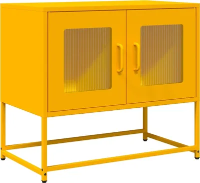A yellow cabinet with two doors and fluted glass panels, shown on a white background.