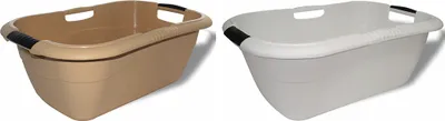 Two laundry baskets, one beige and one white, are shown side-by-side against a white background.