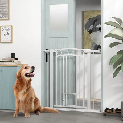 Produktbild von Haustiergitter mit Katzentür, Treppengitter Hund, Druckbefestigung oder Bohren, Stahl, Weiß | 106 cm hoch | 76–104 cm Breite | Einhandbedienung