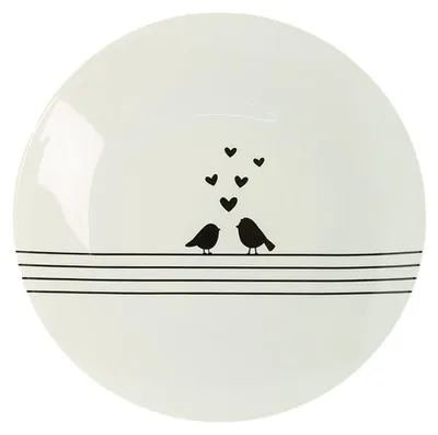 Immagine prodotto di Piatto da portata Clayre & Eef Ø 26 cm Porcellana Bianca Nera Cuori Uccelli