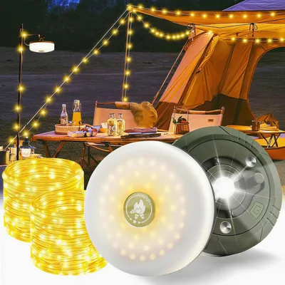 Produktbild von 2 er 3-in-1 Camping Lichterkette Aufrollbar,5 Leuchtmodi,3 Modi,Tragbare LED Campinglampe,USB wiederaufladbar Campingleuchte,Lichterketten außen 10m