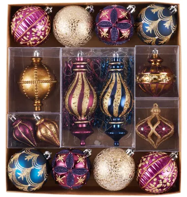 60er Set Weihnachtsbaum Ornamente, Kunststoff, Bronze Kupfer Gold Lila