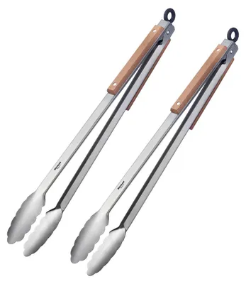 Image de Ensemble de 2 pinces de barbecue en acier inoxydable avec manche en bois, pour griller et servir