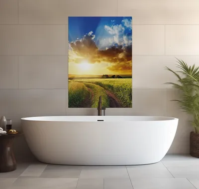 Produktbild von Wallario wasserfestes Poster selbstklebend 70 x 100 cm, Feldweg in den Sonnenuntergang, Badezimmerposter Spritzschutz mit Hochglanzoberfläche in Glasoptik