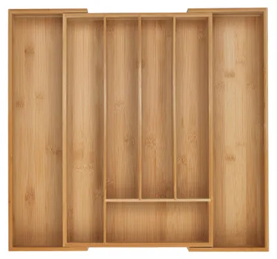 Immagine prodotto di Portaposate Relaxdays, 5–7 scomparti, inserto estraibile per posate, A x L x P: 5 x 30,5–50 x 47 cm, bambù, naturale, Immagine generata dall'IA