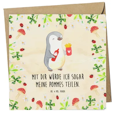 Produktbild von Mr. & Mrs. Panda Grußkarte Pinguin Pommes - Naturpapier - Geschenk, Freundin, für, Partner, Frauen, anlasskarte, Freund, Klappkarte, Valentinstag, Hochzeitstag, faltkarte