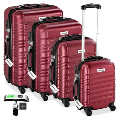Produktbild von ® 4tlg. Hartschalenkoffer Set, Reisekoffer Set mit Rollen, Hartschale aus ABS, Koffer Set mit Teleskopgriff und Schloss, inkl. Kofferwaage und Kofferanhänge, Trolley Größen S-M-L-XL - weinrot