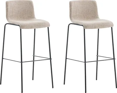 Two beige bar stools with black metal frames are shown against a white background.