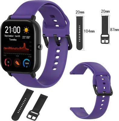 A smartwatch with a purple band and a separate black watch band are displayed with measurement details.