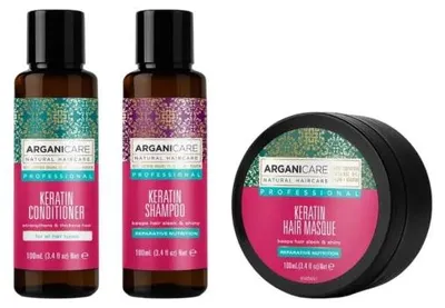 Obrázek produktu pro Sada Arganicare: Keratin, kondicionér pro vlasy, vyživující a posilující, 100 ml + Keratin, šampon na vlasy, regenerující a pečující, 100 ml + Keratin, maska na vlasy, vyživující a regenerující, 100 ml
