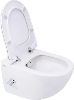 Produktbild von SAT Aquacare Wand-Dusch-WC Flush 2.0 mit Bidetfunktion und VitrA integrierter Thermostatarmatur (rechts) und SoftClose TakeOff WC-Sitz, weiß