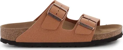 A side view of a pair of brown Birkenstock sandals.