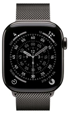 A close-up, front-facing view of a black Apple Watch with a Milanese loop band, displaying the watch face with time and other data.