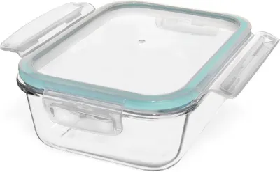A clear studio shot of a glass food container with a light blue lid and locking clips.