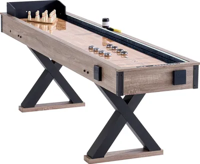 A shuffleboard table with bowling pins and pucks on a white background.
