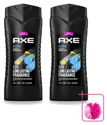 Zdjęcie produktu dla 2 opakowania żelu pod prysznic Axe Alaska 3-w-1 – zapach oceanu i bergamotki – 400 ml – zestaw ekonomiczny, 2 sztuki