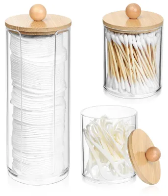 Image de Porte-coton-tiges, distributeurs de disques de coton, boîtes de rangement pour disques de coton, porte-coton-tiges avec couvercle en bambou, boîtes de rangement pour produits cosmétiques, accessoires d'organisation pour armoires de salle de bains, articles de décoration