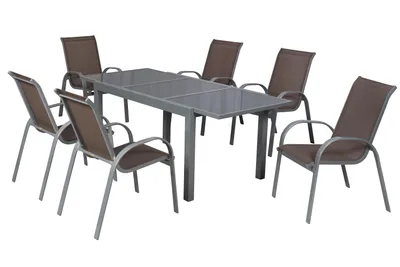 Produktbild von Merxx Gartenmöbel Set Amalfi taupe 7tlg., 6 Stapelsessel, 1 Ausziehtisch 160 (220) x 90 cm - Aluminium/Textil
