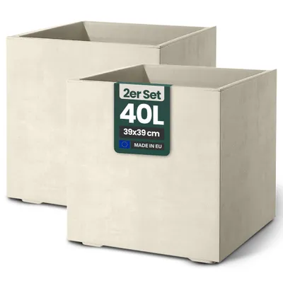 Produktbild von Kreher® 2er Set Pflanzkübel „Millennium“ 39x39x39 cm - Creme Weiß - UV- & Frostfest - Eckig - Mit Wasserspeicher - Natursteinoptik - Indoor & Outdoor