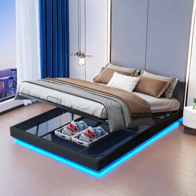 Obrázok produktu pre Čalúnená posteľ 160x200 s dreveným lamelovým roštom, rám postele 160x200 cm s LED osvetlením, posteľ s posteľnou bielizňou, robustná a stabilná, manželská posteľ, rám postele